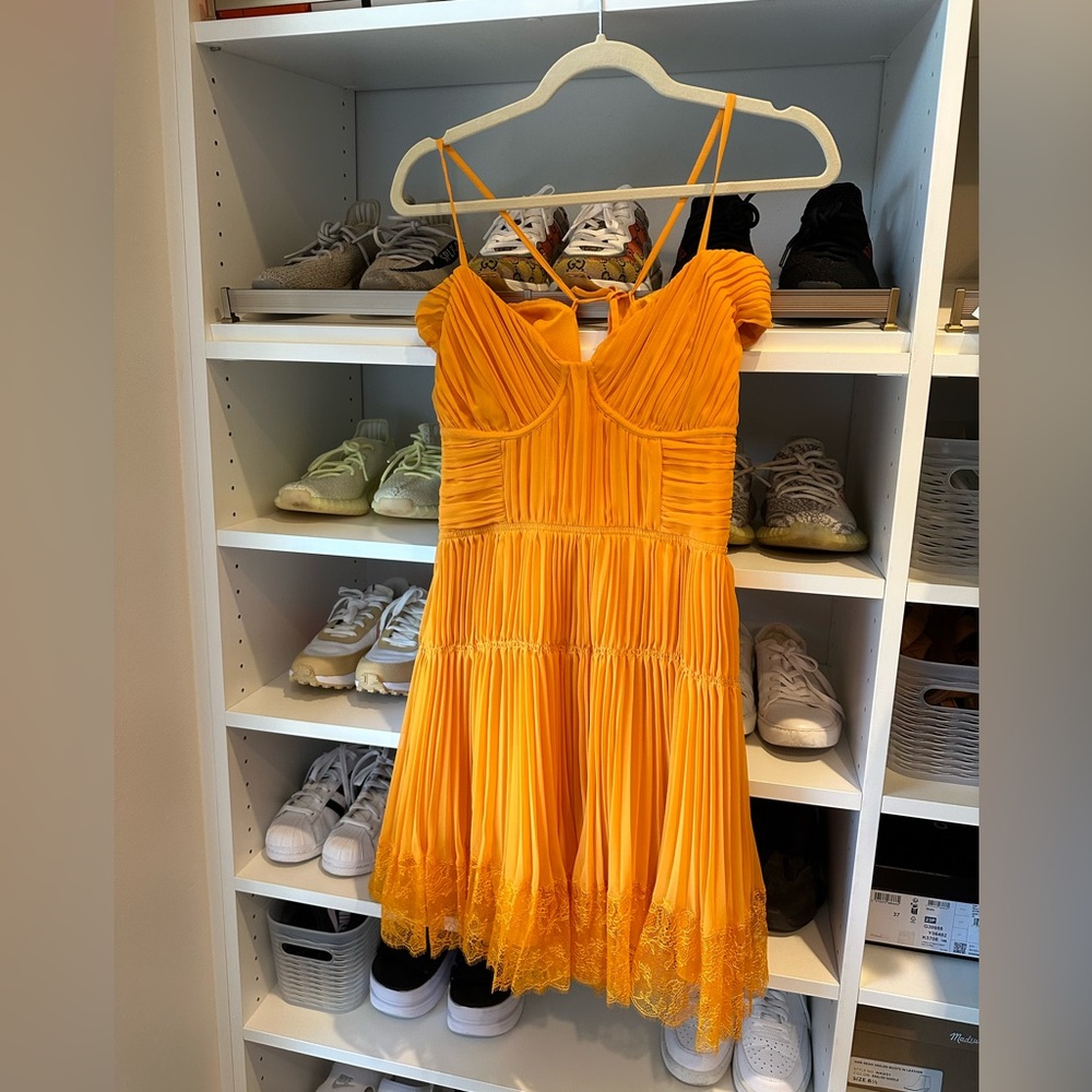 Self-Portrait Yellow Pleated Mini Dress with Lace Hem
